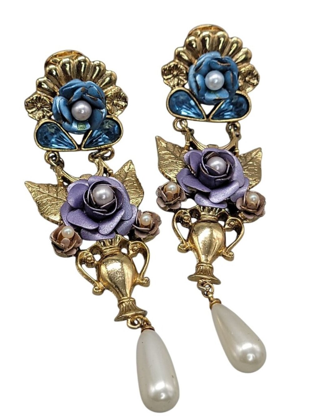 1928 Floral Dangling Statement Earrings Gold Plated Faux Pearl Rhinestones VTG - Picture 11 of 16